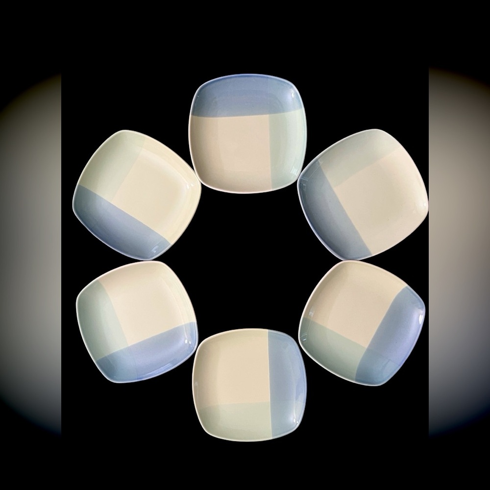 222 FIFTH COLOR BLOCKS BLUE GREEN BREAD BUTTER PLATES SET OF 6 PLATES 6.75" sq.